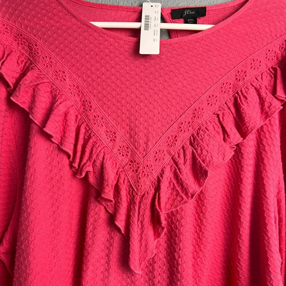 NWT J. Crew Textured Ruffle Neck Long Sleeve Top Bright Pink XXL Valentines Love